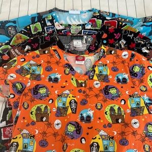 Lot of 4 Holiday scrub tops Christmas Thanksgiving Halloween Fall Autumn Harvest